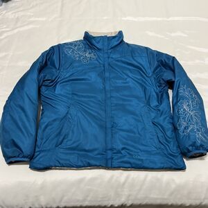 Vintage LL Bean Blue Floral Embroidered Puffer Jacket Coat Womens L Petite